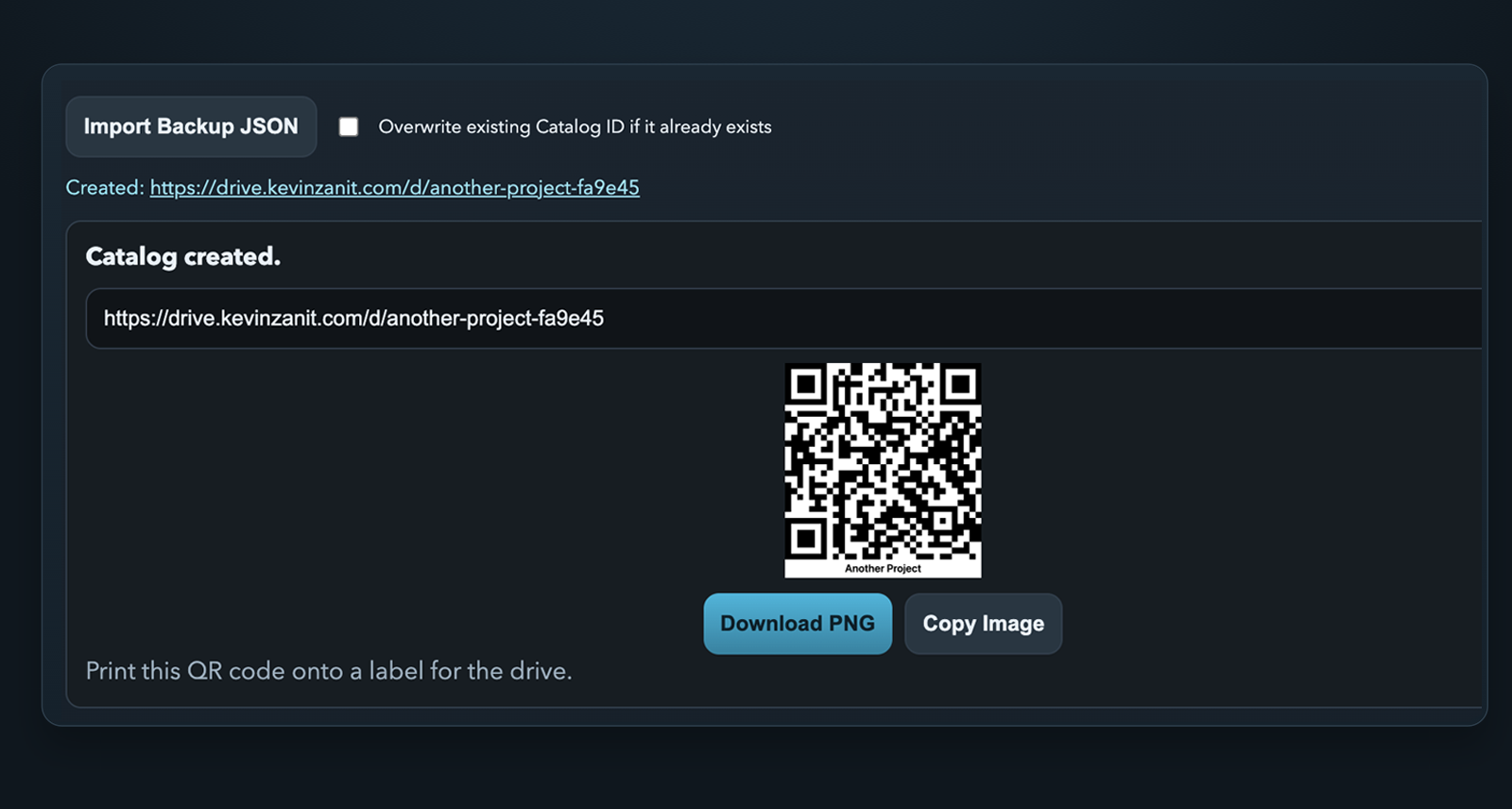 Cloud Tree QR drive label preview with catalog link and print controls.